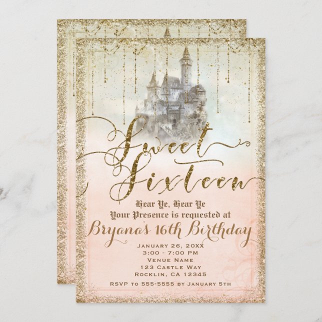 Gold Glitter Fairytale Storybook Castle Sweet 16 Invitation (Front/Back)