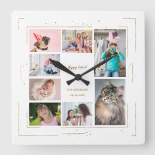 Gold Glitter Family Photo Collage Happy Easter Square Wall Clock