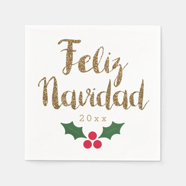 Gold Glitter Feliz Navidad 2021 Napkin (Front)