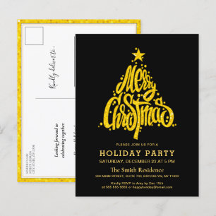 Gold Glitter Festive Black Christmas Holiday Party Invitation Postcard