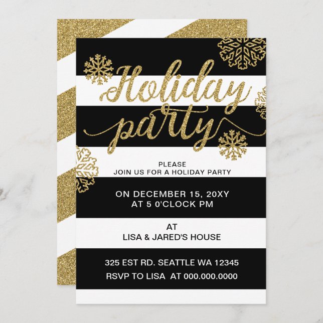 Gold Glitter Festive holiday Party Invitation (Front/Back)