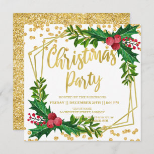 Gold Glitter Festive Holly Frame Glitter Christmas Invitation