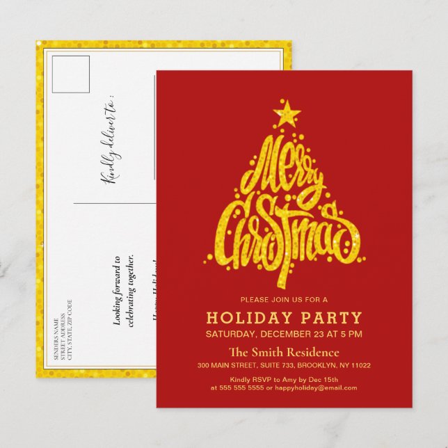 Gold Glitter Festive Red Christmas Holiday Party Invitation Postcard (Front/Back)
