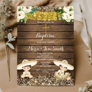 Gold Glitter Fiesta Boy & Girl Baptism Christening Invitation