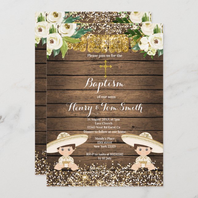 Gold Glitter Fiesta Boy Twin Baptism Christening Invitation (Front/Back)