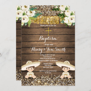 Gold Glitter Fiesta Boy Twin Baptism Christening Invitation