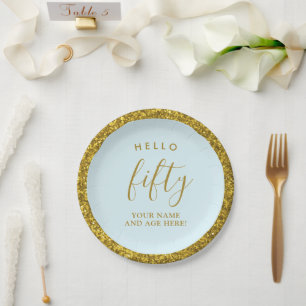 Gold Glitter Fiftieth Birthday Hello 50 Party Paper Plate