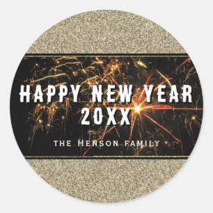 Gold Glitter Fireworks Happy New Year 2023 Classic Round Sticker