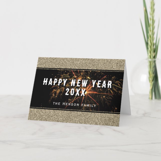Gold Glitter Fireworks Happy New Year 2023  Holiday Card (Front)