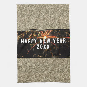 Gold Glitter Fireworks Happy New Year 2023 Tea Towel