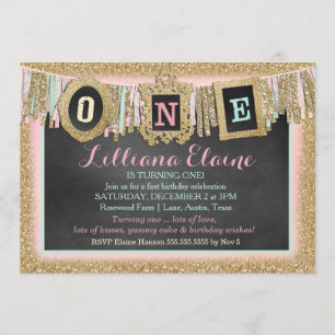 Gold Glitter First Birthday Banner Invitation