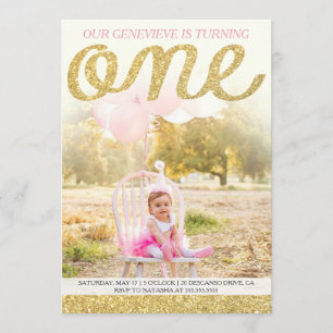 Gold Glitter First Birthday Invitation