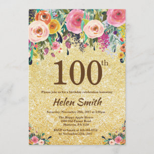 Gold Glitter Floral 100th Birthday Invitation