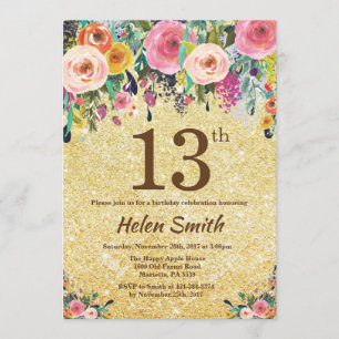 Gold Glitter Floral 13th Birthday Invitation