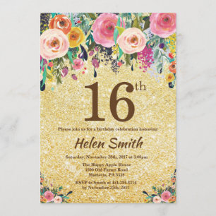 Gold Glitter Floral 16th Birthday Invitation