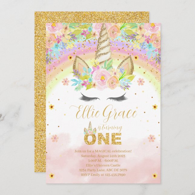 Gold Glitter Floral 1st Birthday Unicorn Invitation (Front/Back)