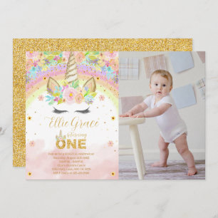 Gold Glitter Floral 1st Birthday Unicorn Photo Invitation