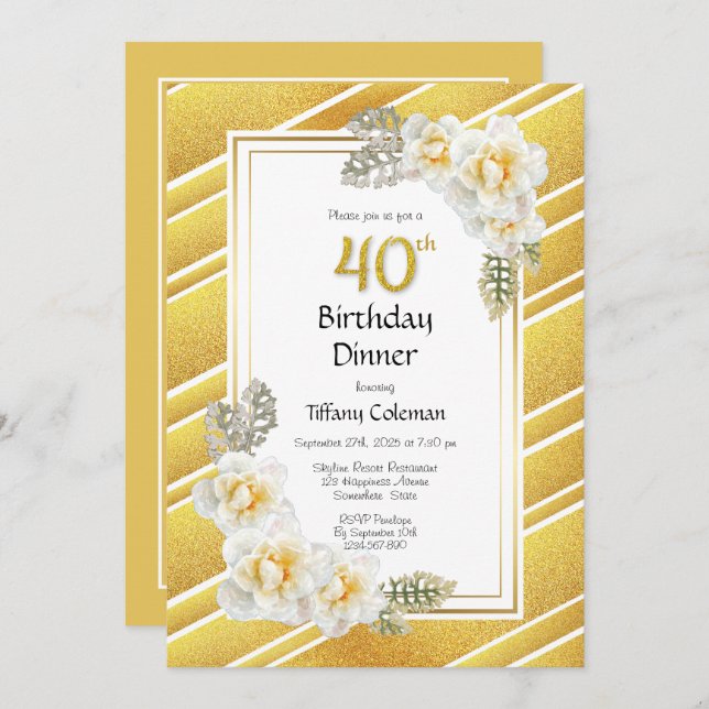 Gold Glitter Floral 40th Birthday Dinner Party Invitation (Front/Back)
