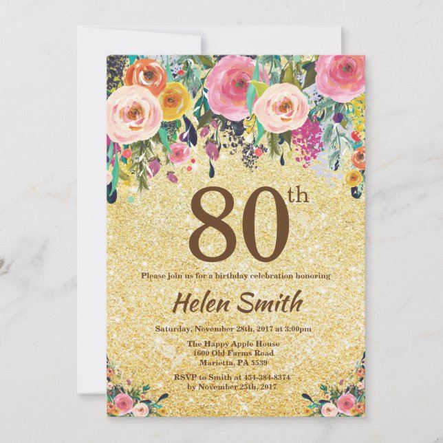 Gold Glitter Floral 80th Birthday Invitation (Front)