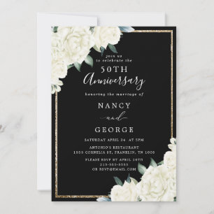 Gold Glitter Floral Black 50th Wedding Anniversary Invitation