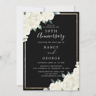 Gold Glitter Floral Black 50th Wedding Anniversary Invitation