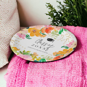 Gold glitter floral botanical class of graduation paper plate