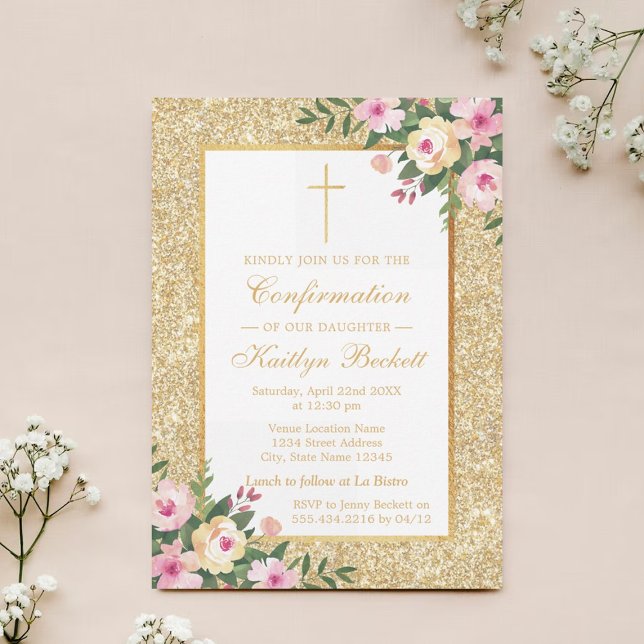 Gold Glitter Floral Confirmation Or 1st Communion Invitation (Creator Uploaded)