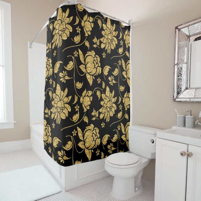 Gold Glitter Floral Damasks Pattern Shower Curtain (In Situ)