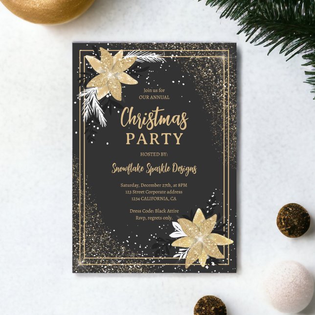 Gold glitter floral grey Corporate Christmas Invitation (Gold glitter floral gray Corporate Christmas Invitation)