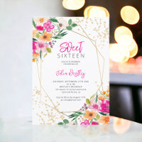 Gold glitter floral illustration photo Sweet 16