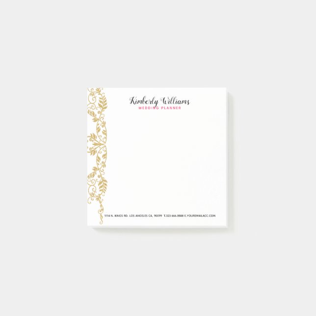 Gold Glitter Floral Lace Accent Post-it Notes (Front)