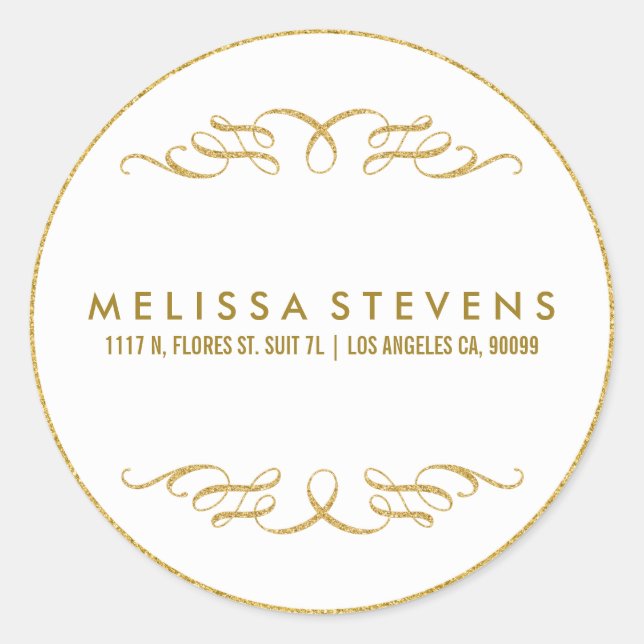 Gold Glitter Floral Lace Frame White Background Classic Round Sticker (Front)