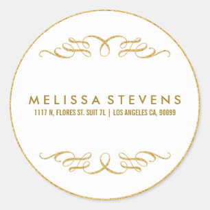 Gold Glitter Floral Lace Frame White Background Classic Round Sticker