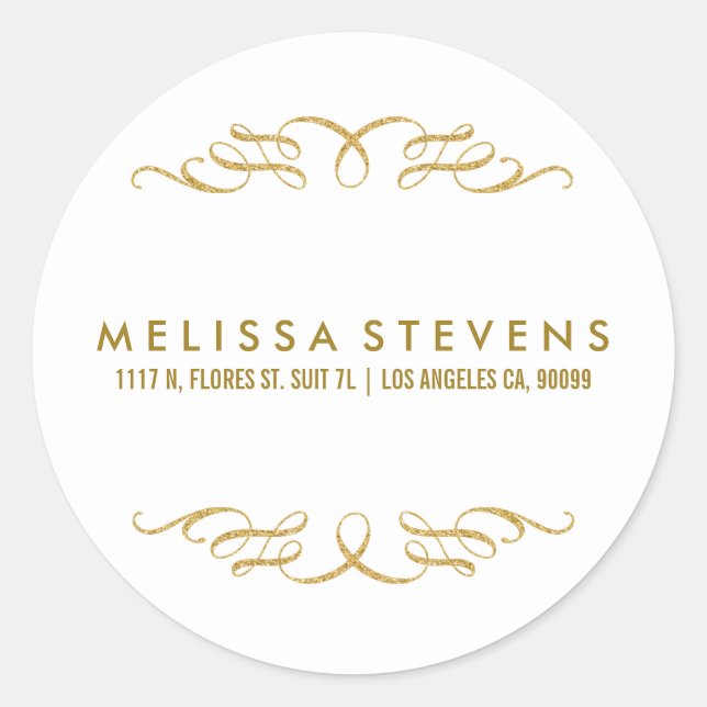 Gold Glitter Floral Lace Frame White Background Classic Round Sticker (Front)