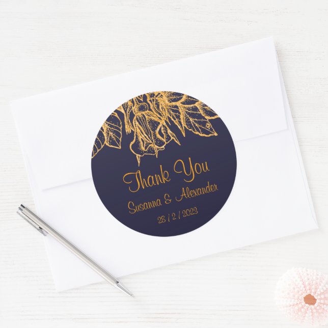 Gold Glitter Floral on Dark Blue Wedding Thank You Classic Round Sticker (Envelope)