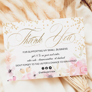 Gold glitter floral pastel logo script thank you business card