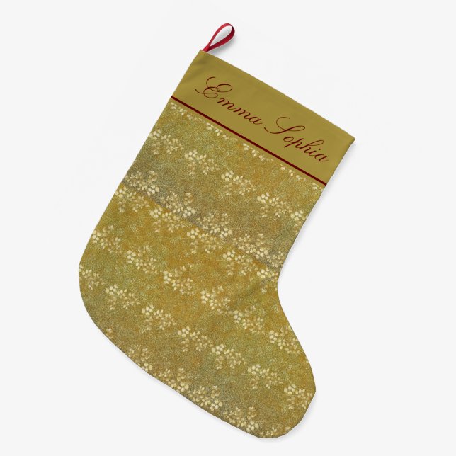 Gold Glitter Floral Pattern Large Christmas Stocking (Front (Hanging))