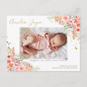 Gold Glitter Floral Photo Girl Birth Announcement Postcard