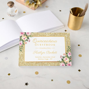 Gold Glitter Floral Quinceañera 15th Birthday Guest Book
