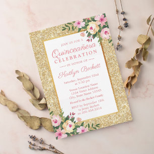 Gold Glitter Floral Quinceañera 15th Birthday Invitation