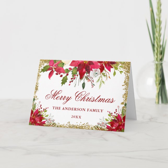 Gold Glitter Floral Red Poinsettia Christmas Fold Holiday Card (Front)