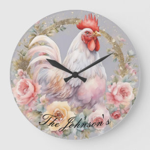 Gold Glitter Floral Rooster Wall Clock