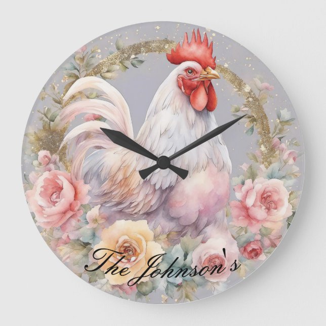 Gold Glitter Floral Rooster Wall Clock (Front)