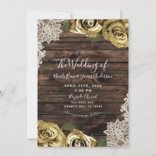 Gold Glitter Floral Roses Rustic Wood Cream Lace Invitation
