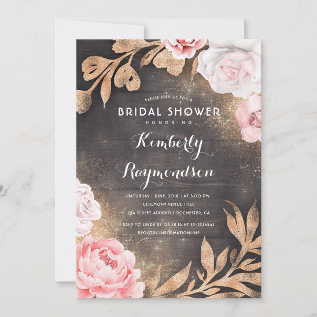 Gold Glitter Floral Rustic Country Bridal Shower Invitation (Front)