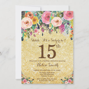 Gold Glitter Floral Surprise 15th Birthday Invitation