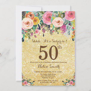 Gold Glitter Floral Surprise 50th Birthday Invitation