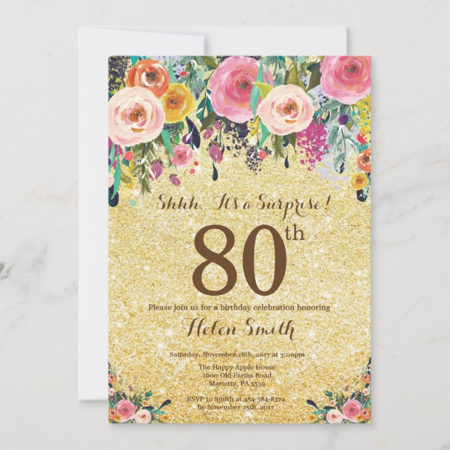 Gold Glitter Floral Surprise 80th Birthday Invitation (Front)