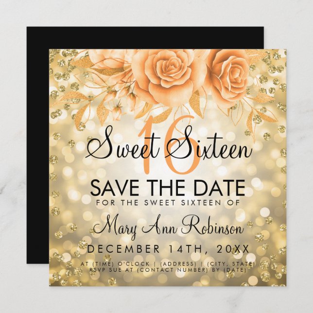 Gold Glitter Floral Sweet 16 Save The Date Invitation (Front/Back)