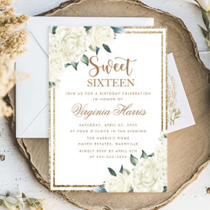 Gold Glitter Floral Sweet Sixteen 16 Birthday Invitation
